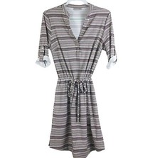 Ellie Kai Women's Size 10 Printed Stretch Belted Shirt Dress Split Neck Casual 