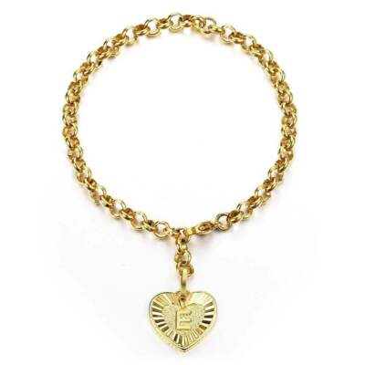 Women Gold Plated Stainless Steel Bracelet Heart Charm 8 inch 5mm Cable Chain