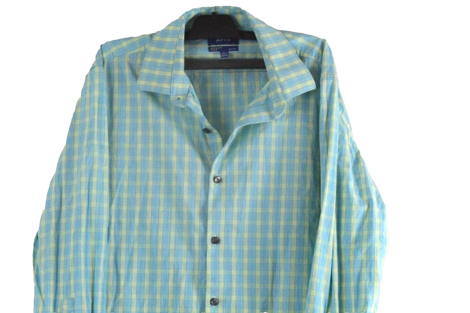 Apt. 9 Men's Long Sleeve Slim Fit Button Up Shirt L Blue / Yellow Plaid PO - Image 3 of 4