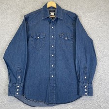 Vintage Wrangler Men's Denim Shirt Western Pearl Snap Size Large Dark Wash