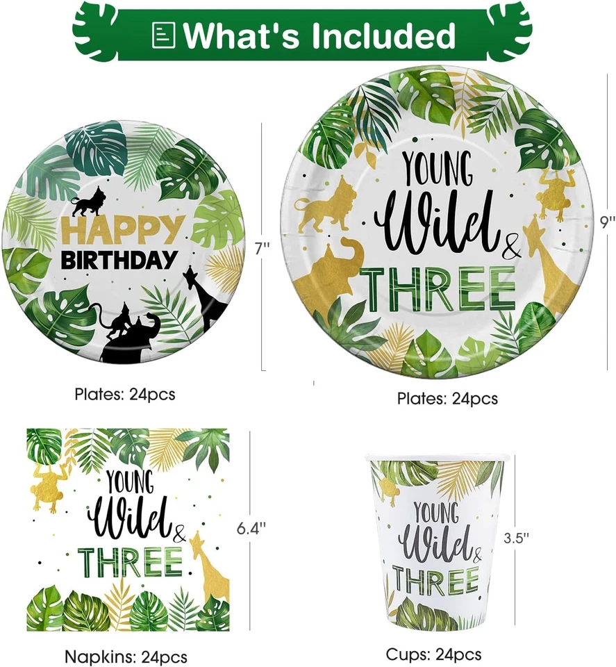 Vajilla Young Wild And Three Decorations, Safari Jungle negra, dorada, verde Foto 2 de 4