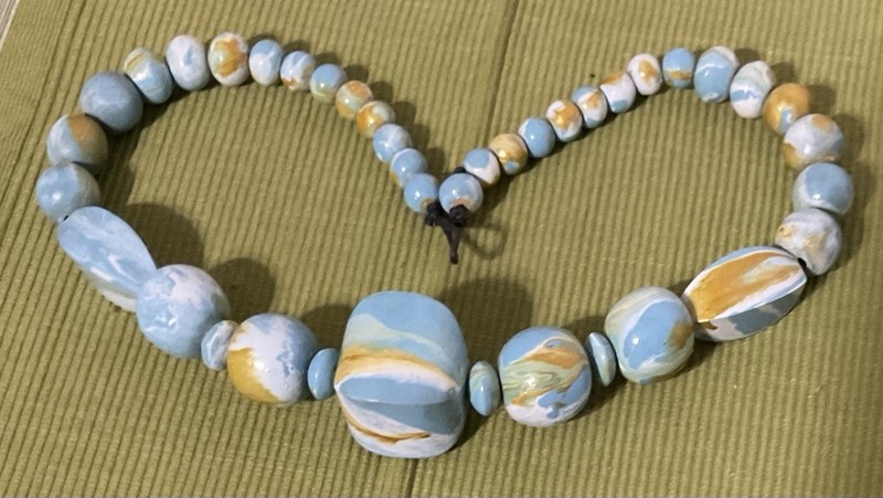 Vintage Hand Painted Wooden Beaded Necklace Blue Gold White Marble Geometric