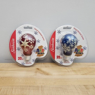 LOT OF 2 Sunbeam Hand Painted Series Art Light Bulbs 25W Snowflake Red Blue NEW - Image 1 of 3