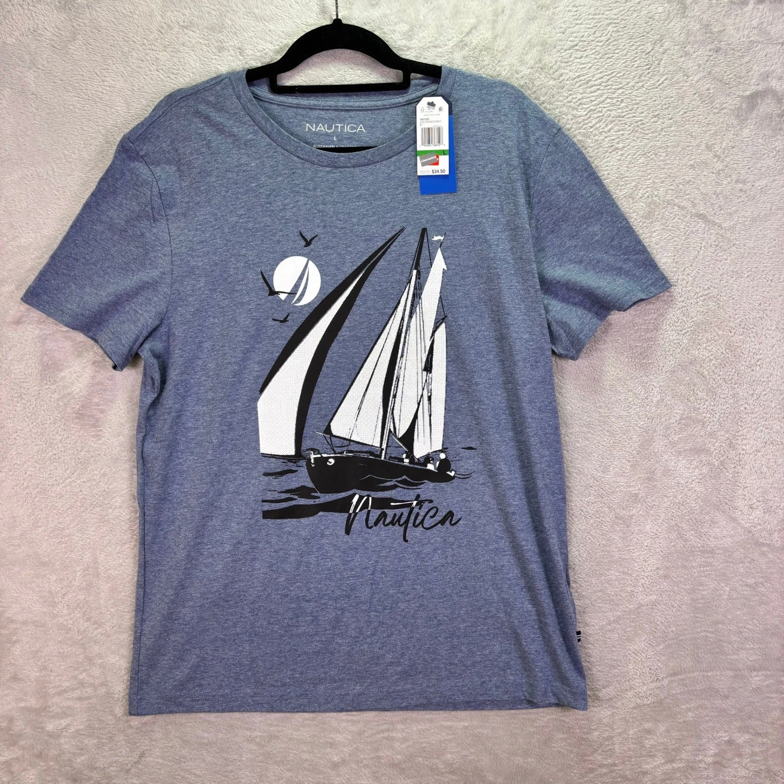 NWT Nautica Mens T-Shirt Blue Heather Large Graphic Sailboat Sustainably Crafted - product detail image 6