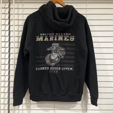 US Marines 1775 Emblem USA Flag Hoodie Pullover Sweatshirt Black Mens Size Small