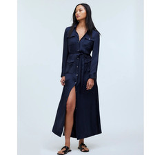 NWT Madewell Satin Button-Front Utility Shirtdress With Tie Deep Indigo Size S