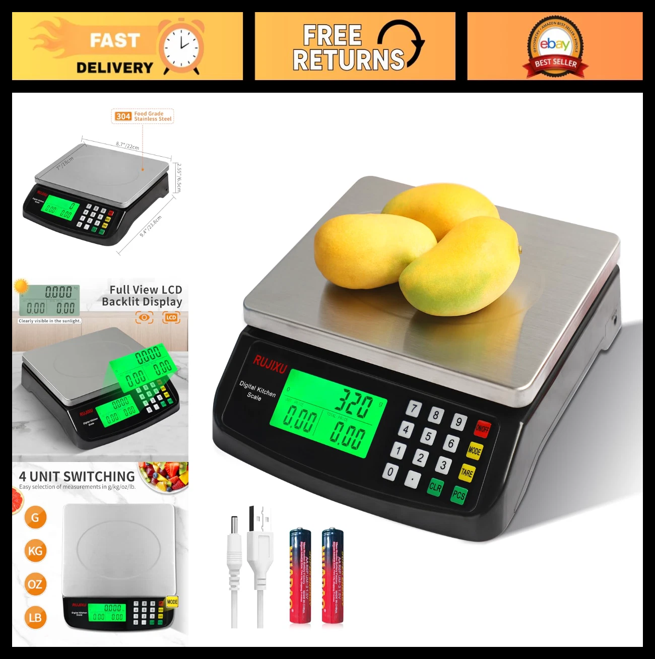 Large Digital Kitchen Scale 30kg/66lb Stainless Steel LCD Display Food Scale for