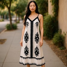 SHEIN Boho Maxi Dress Cream & Black Geometric Spaghetti Strap VNeck Size S