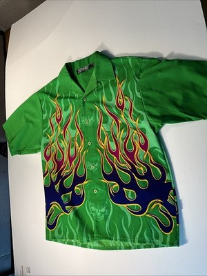 Dragonfly Clothing Company Mens Green Size L Skull W/ Flames Button Up Shirt