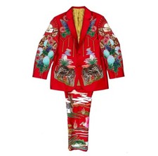 Men Designer 2Pc Red Customized Floral Embroidered Western Cocktail Prom Outfit