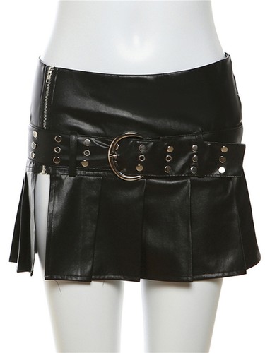 Women With Slit Mini Skirt Leather Outfits Disco Gothic Split Side Metal Ring - Picture 15 of 20