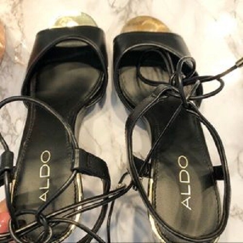 Aldo Leather Lace Up Wedges Black Gold Sz 9 - Picture 4 of 4