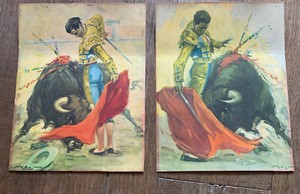 The Red Cape Matador Bull Fighter Lithograph Print On Board Artist Name 2 Lot Ebay