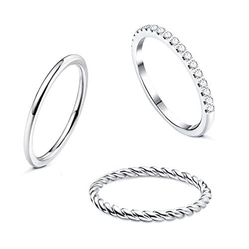 3Pcs CZ Stacking Rings for Women Stainless Steel Twisted Midi Knuckle Ring CZ We