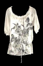 AB Studio Sheer 3/4 Sleeve Shirt Blouse White Floral Pattern Built in Cami