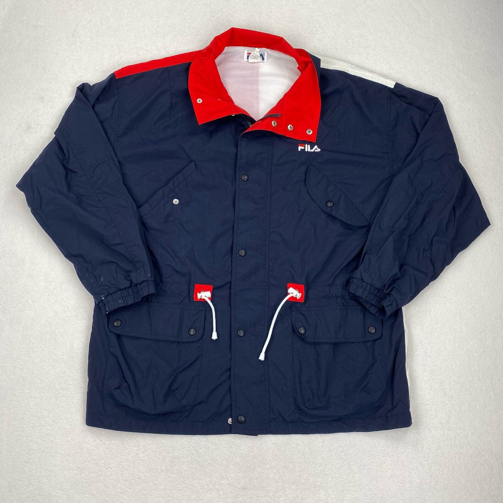 Giacca vintage Fila taglia XXL rossa bianca blu nylon cerniera frangivento atletico anni '90