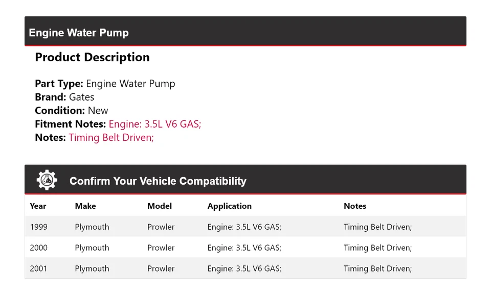 Para 1999-2001 Plymouth Prowler 3.5L V6 Motor Gas Bomba Agua Puertas 2000 Foto 2 de 4