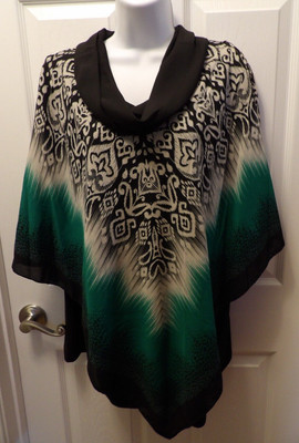 LADIES SLIM FACTOR- SZ L- LONG BLACK TANK ATTACHED SHEER PONCHO COWL NECK-NWT