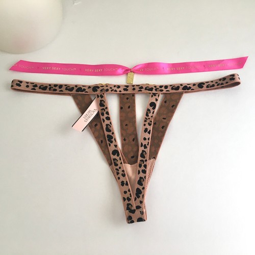 Victorias Secret Leopard Gold Hardware Strappy Cut Out Ouvert Thong Panty NWT L - Picture 7 of 12