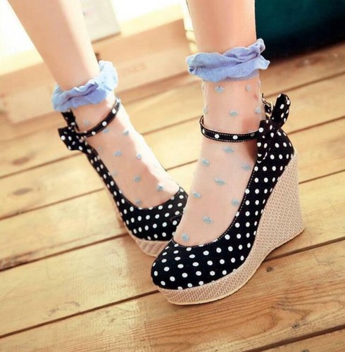 Ladies Round Toe Polka Dots Platform Sandals Wedge Heel Espadrille Bow Shoes New - Picture 5 of 13