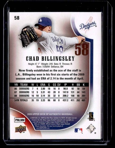 2009 SP Authentic Copper Chad Billingsley Los Angeles Dodgers #58 - Picture 2 of 2