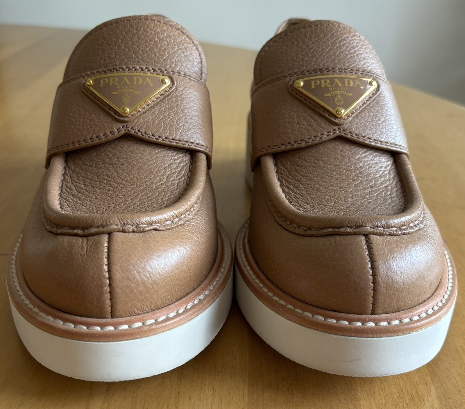 PRADA Triangular Logo Tan Leather Mod Toe  Loafer… - image 3