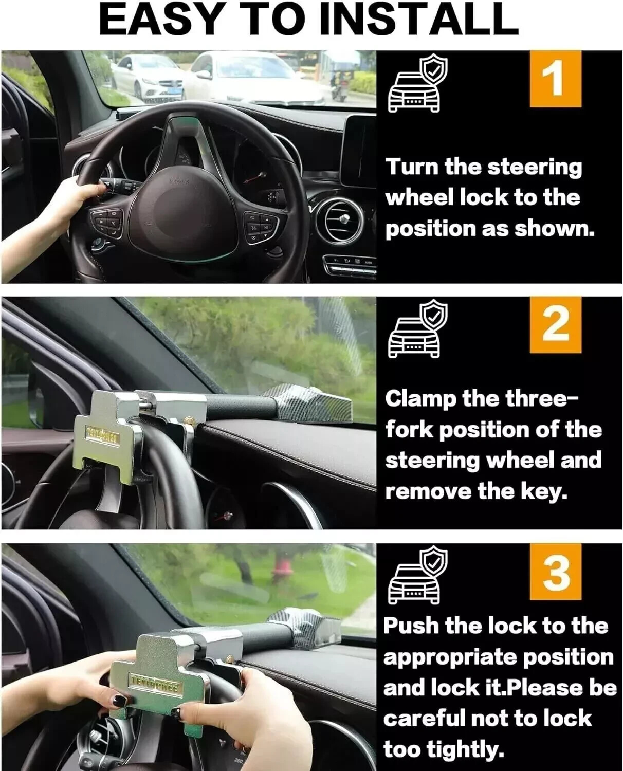 Tevlaphee Steering Wheel Lock with Alarm, 120dB, Steering Lock, Wheel