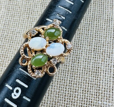 Vintage 18K HGE Green Opal Statement Cocktail Ring Size 7.5     NOS