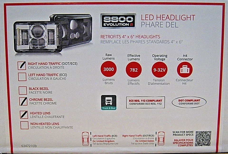 NEW SET of 2 JW SPEAKER LED LOW BEAM HEADLIGHTS 4" X 6"  HEATED w/ CHROME BEZEL - Image 3 of 4