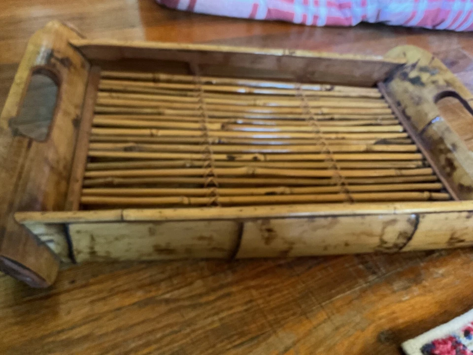 Tortoise Shell Bamboo Serving Tray Rattan Tropical Tiki Boho Handles Vintage - Image 2 of 4