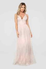 NWT" Fashionnova sequin hearts Women's Deep V Neck Glitter Gown Light Pink Sz L