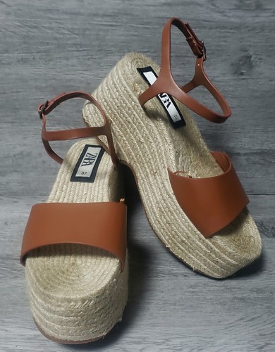 ZARA Womens Faux Leather Brown, Platform Wedge Jute Espadrille Sandals - 4/37 - Picture 2 of 20
