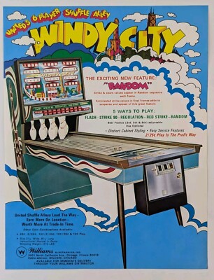 Williams Windy City 1972 6 Spieler Shuffle Alley Bowling Flyer Original Werbung