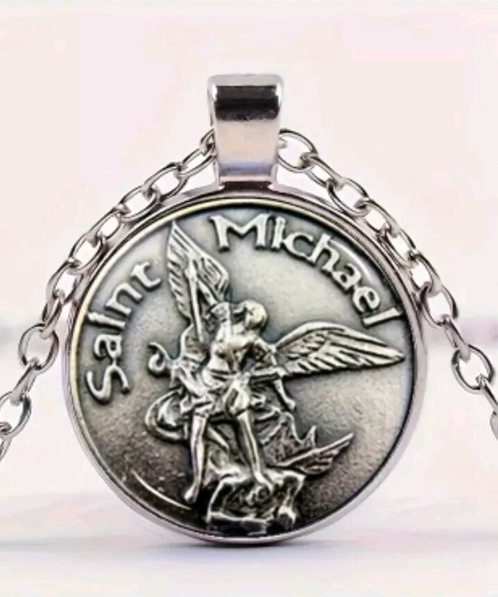 Cadena Acero Inoxidable Amuleto Se Cristal Protector Arcángel San Miguel Fe