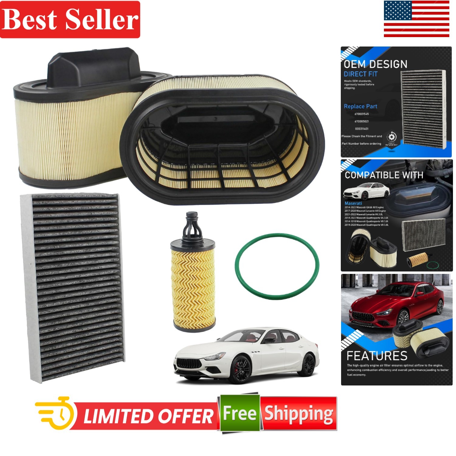 4PCS Car Air Cabin & Oil Filter Set for Maserati 14-22 OE Number 670001545
