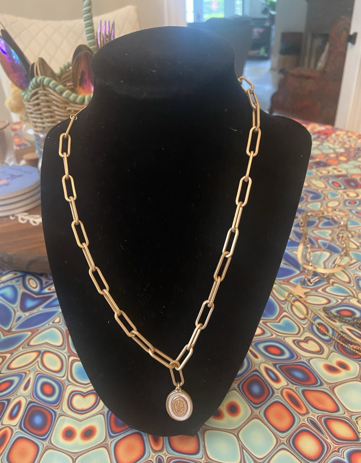 Gold Tone Metal Link Chain Pendant Necklace w/ Oval Religious Charm, No Stone