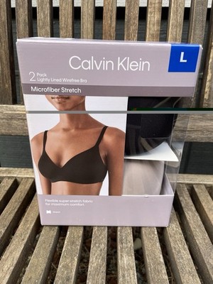 Calvin Klein Lightly Lined Microfiber Stretch 2 Pack Bra Black Beige Large NIB