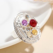 925 Sterling Silver Round Multi Gemstone Statement Ring Women Gift
