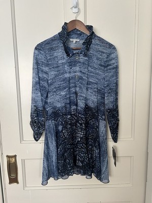 John Mark Mesh Button Tunic Blouse Womens Size Medium Blue Preppy Classic NWT