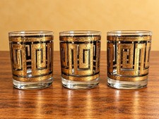 Set of 3 Culver Greek Key Old-Fashioned Glass 22k Gold Lowball MCM Barware Vtg