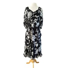 Rachel Zoe Black Cream Floral Puff Quarter Sleeve Flowy Ruffle Midi Dress Size 6