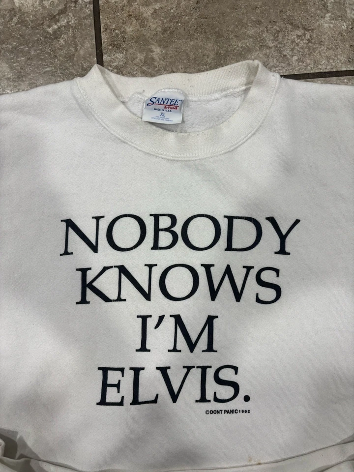 Sudadera De Colección Años 90 Dont Panic Nobody Knows I’m Elvis  Foto 2 de 3