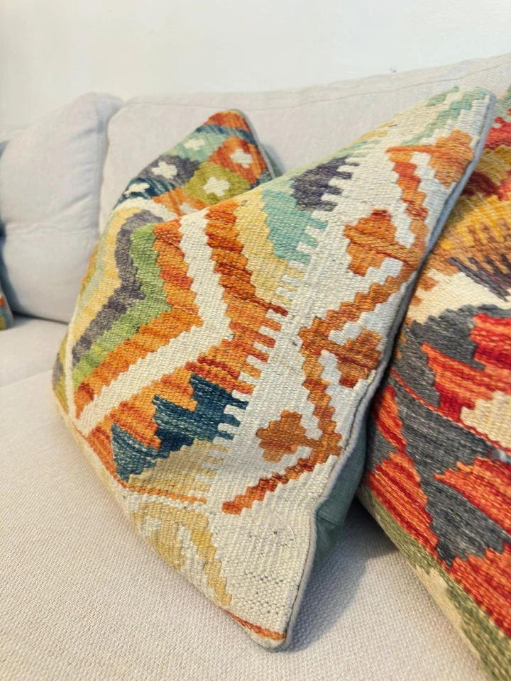 Afghan Authentic Handmade Colorful Kilim Cushion Covers Wool Christmas Decor - Image 2 of 4