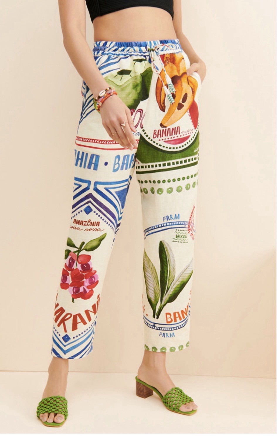 Farm Rio Stamps Linen Pants In Off-White - M