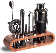 10 Piece Black Bartender Set with Mahogany Stand and Cocktail Tool Holder