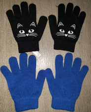 2 pair GIRLS OR BOYS STRETCH WINTER GLOVES solid blue black CAT FACES one size
