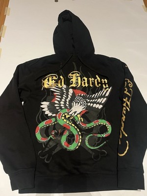 Ed Hardy Hoodie Mens Small Black Eagle Snake Tattoo Pullover Sweatshirt Y2K Punk