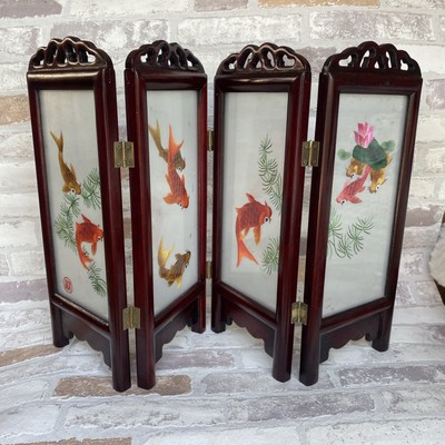 VINTAGE CHINESISCHER TISCH vier Panel SIEB DOPPELSEITIG Seide STICKEREI signiert 