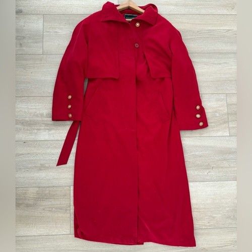Gallery Women's Soft Long Trench Coat Belted Red Gold-tone Buttons Size 8 EUC - Picture 13 of 14