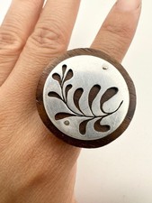 Artisan handmade wooden metal floral statement ring size 7.25